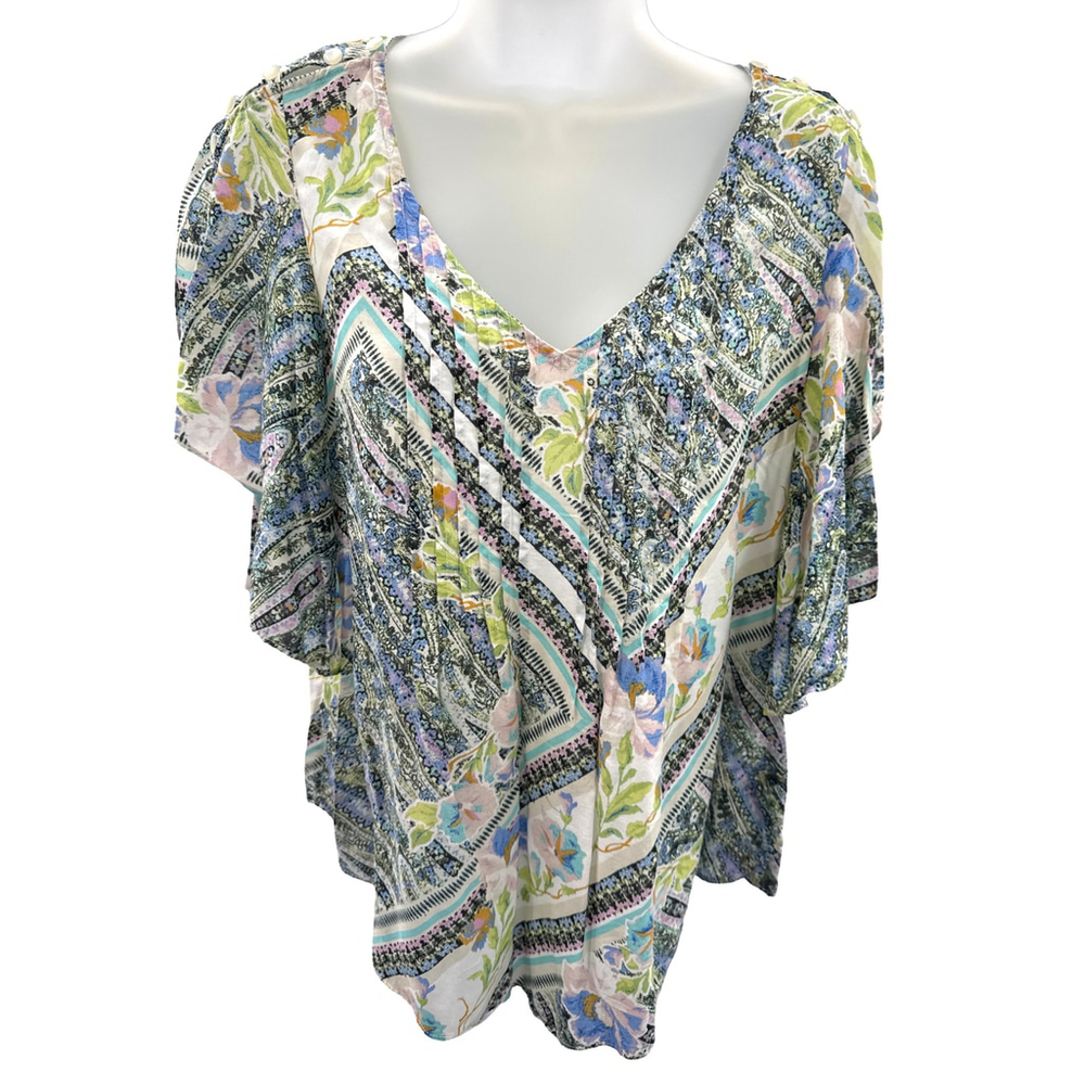 Maeve Anthropologie Boho Floral Blouse Size 0 Rayon V-Neck Flutter Sleeve